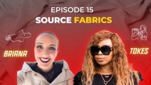 Thumbnail of a podcast episode titled "Source Fabrics, Episode 15," featuring two hosts: one smiling, wearing a beige jacket, and the other wearing sunglasses and a black outfit.